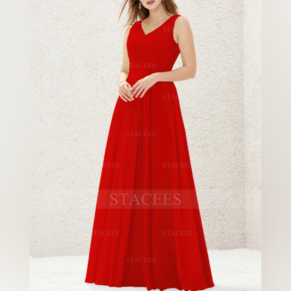 Stacees A-line V Neck Sleeveless Long Chiffon Dress